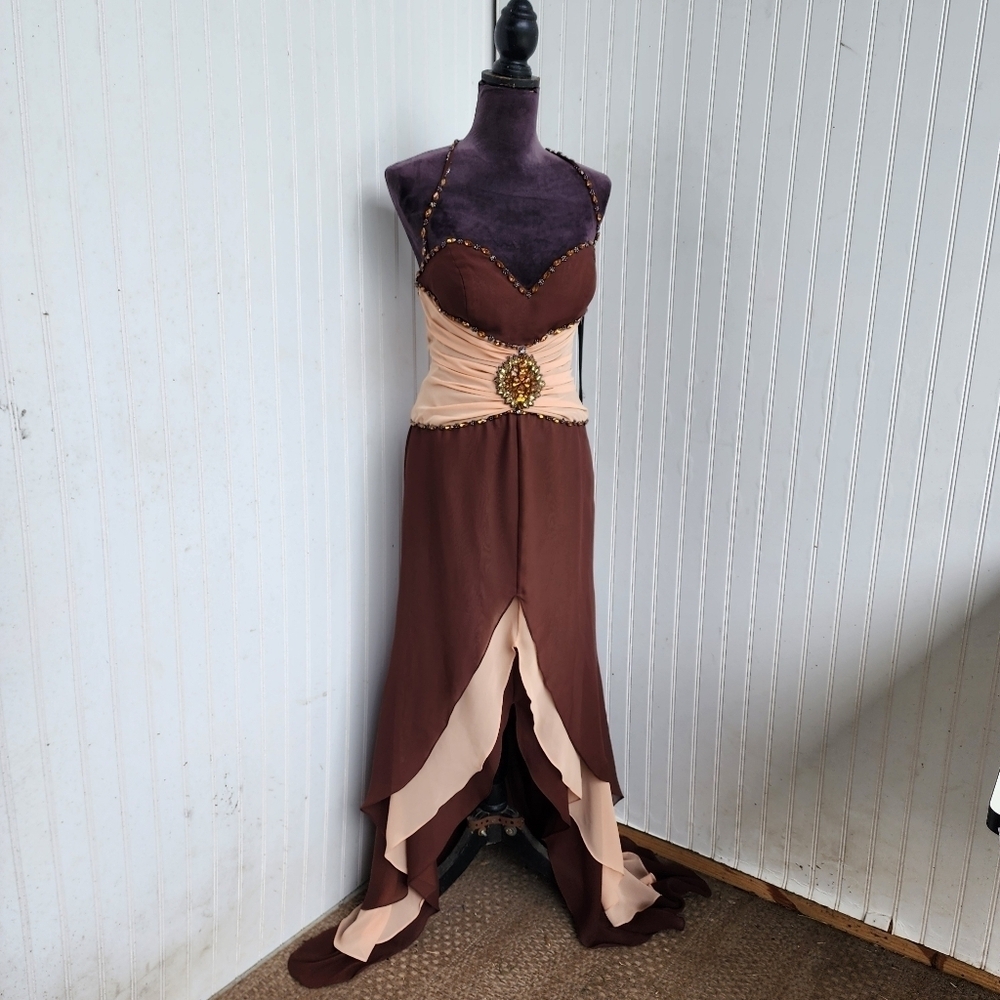 NWT Riva Designs Beaded Gown Dress Hi Low Beaded Halter Womens Coffee Brown 12